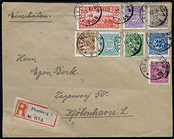 Blandingsfrankeret filatelistisk brev med bl.a. 10 mk. Fælles udg. sendt anbefalet fra Flensburg d. 14.6.1920 til København, Danmark.