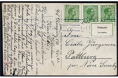5 øre Chr. X (3) på brevkort fra Kjøbenhavn d. 6.5.1921 til Pattburg pr. Nørre Smedeby. Retur med 2-sproget returetiket Ubekjendt. / inconnu.  Ene mærke med rift.