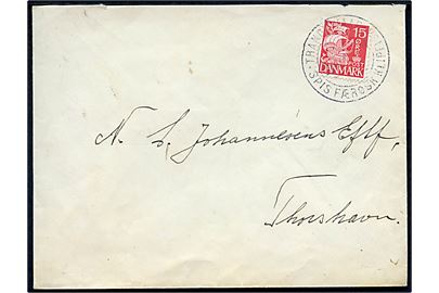 15 øre Karavel på brev annulleret med klipfiskstempel Trangisvaag d. 26.4.1940 til Thorshavn.