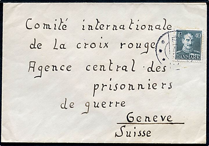 40 øre Chr. X på brev med svagt stempel d. 12.1.1946 til Internationalt Røde Kors i Geneve, Schweiz. Sendt fra tysk flygtning i Oksbøl med ovalt stempel: (krone) St.c.L. Lejrchefen i Oxbøl.