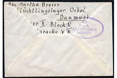 40 øre Chr. X på brev med svagt stempel d. 12.1.1946 til Internationalt Røde Kors i Geneve, Schweiz. Sendt fra tysk flygtning i Oksbøl med ovalt stempel: (krone) St.c.L. Lejrchefen i Oxbøl.