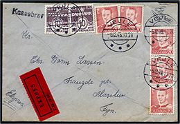 10 øre Bølgelinie (2) og 20 øre Fr. IX (5) på ekspresbrev fra Vejle d. 6.12.1948 til Fraugde pr. Marslev. Sort liniestempel Kassebrev.