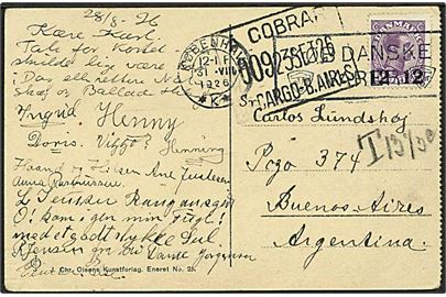 12/15 øre Provisorium single på underfrankeret brevkort fra København d. 31.8.1926 til Buenos Aires, Argentina. Påskrevet: T 13 1/3 c.. 