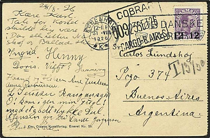 12/15 øre Provisorium single på underfrankeret brevkort fra København d. 31.8.1926 til Buenos Aires, Argentina. Påskrevet: T 13 1/3 c.. 
