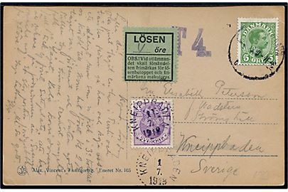5 øre Chr. X på underfrankeret brevkort fra Kjøbenhavn d. 30.6.1918 til Kneippbaden, Sverige. Portostempel T4,. grøn Lösen etiket og 4 öre Tre Kroner annulleret Kneippbaden d. 1.7.1918.