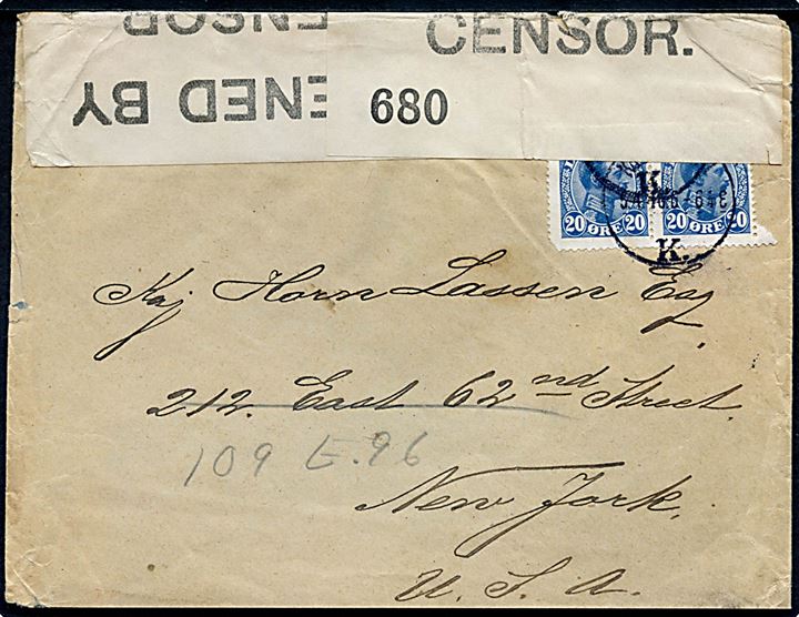 20 øre Chr. X i parstykke på brev fra Kjøbenhavn d. 5.4.1916 til New York, USA. Åbnet af britisk censur no. 680.