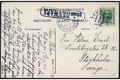 5 øre Fr. IX på brevkort (Livgarden 250 år) annulleret med svensk bureaustempel (= Nässjö-Malmö-København) d. 5.9.1908 og sidestemplet Från Danmark til Stockholm, Sverige.