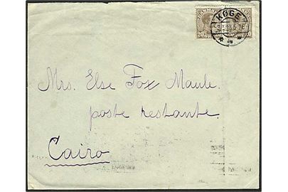 20 øre Chr. X i parstykke på brev fra Køge d. 3.3.1923 til poste restante i Cairo, Egypten. Bagklap mgl.