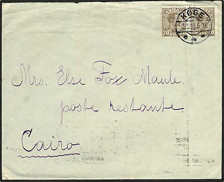 20 øre Chr. X i parstykke på brev fra Køge d. 3.3.1923 til poste restante i Cairo, Egypten. Bagklap mgl.