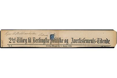 4 øre Tofarvet på brevstykke fra 2det Tillæg til Berlingske politiske og Avertissements-Tidende d.  8.1.1895 annulleret med lapidar Kjøbenhavn KB d. 14.1.1895 til Odense,
