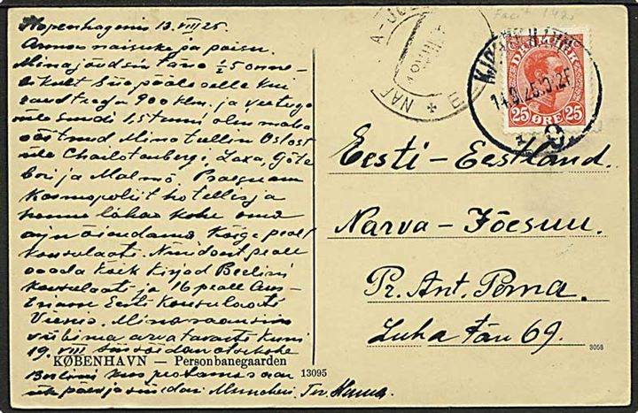 25 øre Chr. X single på brevkort fra Kjøbenhavn d. 14.8.1925 til Narva-Joensuu, Estland.