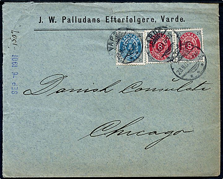 4 øre og 8 øre (par) Tofarvet omv. rm. på brev fra Varde d. 23.8.1901 til det danske konsulat i Chicago, USA.
