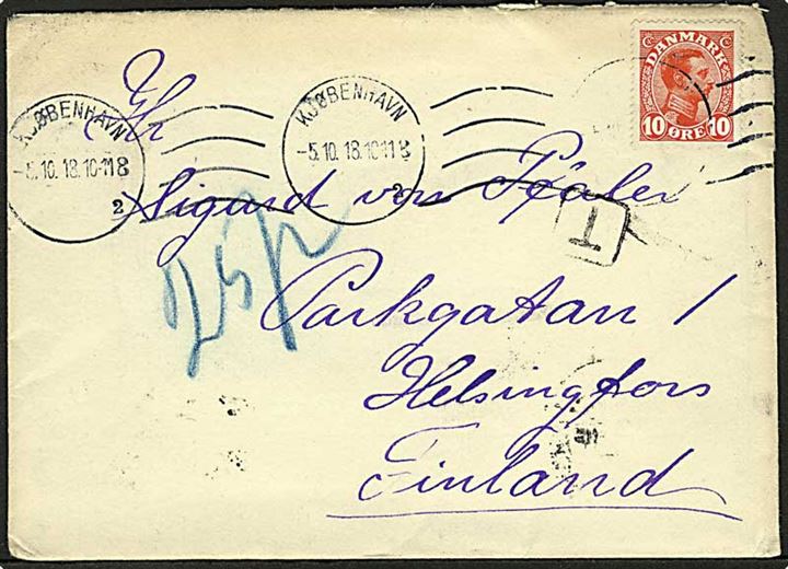 10 øre Chr. X single på underfrankeret brev fra Kjøbenhavn d. 5.10.1918 til Helsingfors, Finland. Sort T-stempel og påskrevet 25 p. finsk porto.