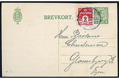 5 øre Chr. X helsagsbrevkort (fabr. 42-C) opfrankeret med 2 øre Bølgelinie dateret i Brande og annulleret med reserve bureaustempel (R3/R4) Nørrejyllands JB.PKT. T.188 d. 1.1.1919 til Glamsbjerg. Stempel benyttet på strækningen Vejle-Herning - ca. 5 mdr. senere end registreret af Svend Hovard.