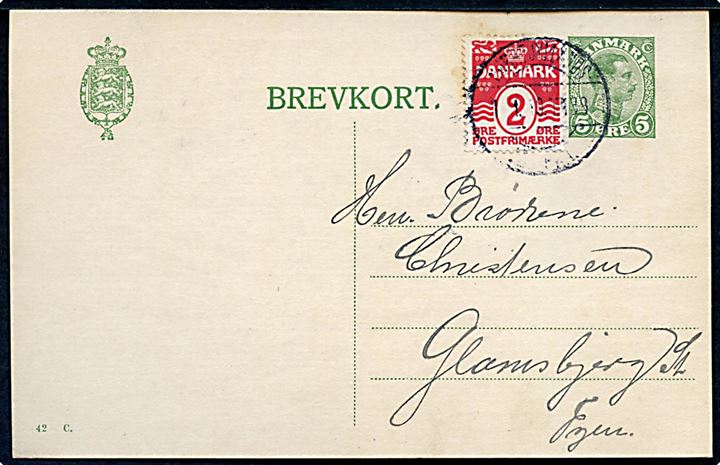 5 øre Chr. X helsagsbrevkort (fabr. 42-C) opfrankeret med 2 øre Bølgelinie dateret i Brande og annulleret med reserve bureaustempel (R3/R4) Nørrejyllands JB.PKT. T.188 d. 1.1.1919 til Glamsbjerg. Stempel benyttet på strækningen Vejle-Herning - ca. 5 mdr. senere end registreret af Svend Hovard.