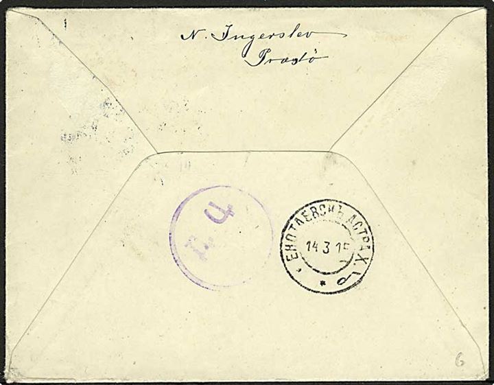 10 øre Chr. X i parstykke på brev fra Præstø d. 20.2.1915 til Jenatajewsk, Astrakan, Rusland. På bagsiden russisk censur.
