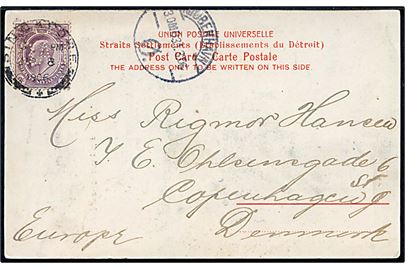 3 cents Edward VIII med perfin E.A.C. (= East Asiatic Company - Østasiatisk Kompagni) på brevkort (Rikisha mand) fra Singapore d. 8.3.1906 til København, Danmark.