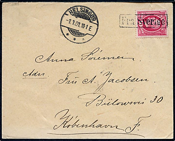 10 öre Oscar på brev annulleret med rammestempel Fra Sverige og sidestemplet Helsingør d. 1.1.1901 til København, Danmark.