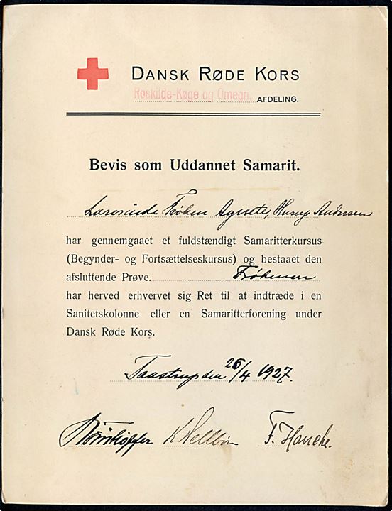 Dansk Røde Kors Roskilde-Køge og Omegn Afdeling. Bevis som uddannet Samarit udstedt i Taastrup d. 25.4.1927.