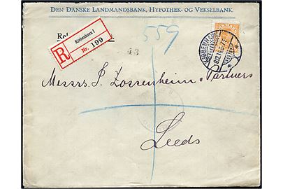 35 øre Chr. X med perfin LB (Landmandsbanken) single på anbefalet brev fra Kjøbenhavn d. 8.12.1914 via London d. 14.12.1914 til Leeds, England. Svagt stempel: Postal Censorship / Registered Section.