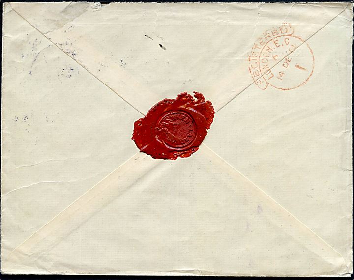 35 øre Chr. X med perfin LB (Landmandsbanken) single på anbefalet brev fra Kjøbenhavn d. 8.12.1914 via London d. 14.12.1914 til Leeds, England. Svagt stempel: Postal Censorship / Registered Section.