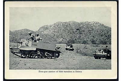 Britisk propaganda. Bren-gun carriers med Sikh battalion i Eritrea. Uden adresselinier.