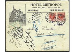 10 øre Fr. VIII i parstykke på illustreret firmakuvert fra Hotel Metropol i Kjøbenhavn d. 25.9.1911 til Ragaz, Schweiz. Retur med 3-sproget returetiket.