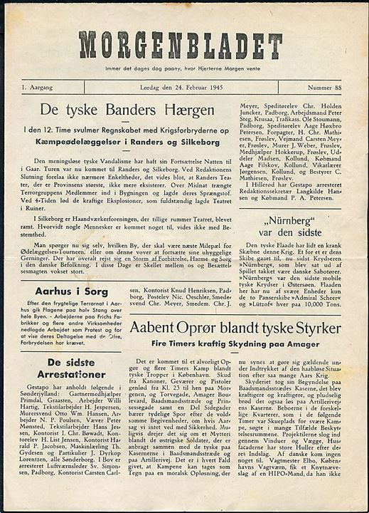 Morgenbladet, 1. Aargang no. 88 d. 24.2.1945. Illegalt blad på 4 sider i ca. A4 format.
