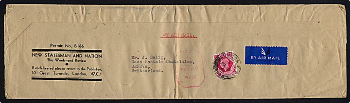8d George VI single på luftpost korsbånd fra New Statesman and Nation stemplet London d. 19.9.1943 til Geneve, Schweiz. Britisk censur: Passed Per. 36. Fold. 