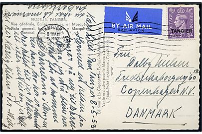 3d  George VI Tangier provisorium single på luftpost brevkort stemplet Tangier British Post Office d. 9.5.1953 til København, Danmark.