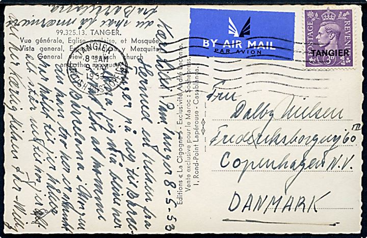 3d  George VI Tangier provisorium single på luftpost brevkort stemplet Tangier British Post Office d. 9.5.1953 til København, Danmark.