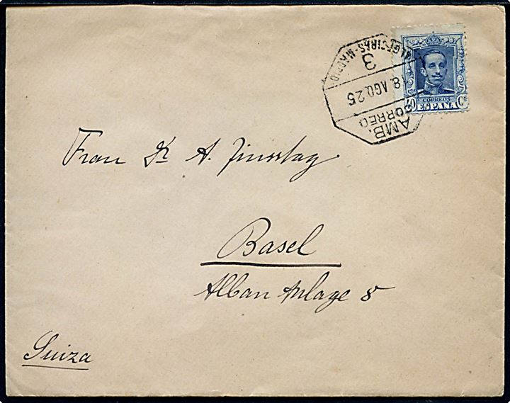 40 cts. Alfonso XIII single på brev fra Ronda annulleret med bureaustempel AMB. Correo 3 Algeciras - Madrid d. 18.8.1925 til Basel, Schweiz.