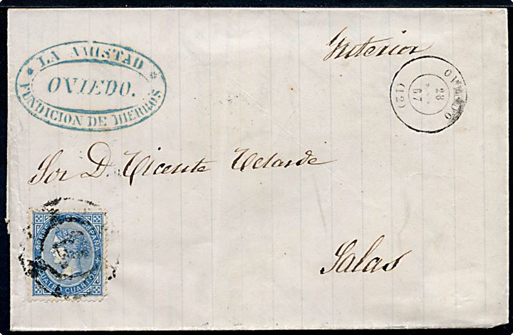 4 cts. Isabella single på brev fra Oviedo d. 28.11.1867 til Salas.