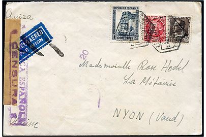 5 cts., 30 cts. og 1 pta. på blandingsfrankeret luftpostbrev fra Alicante d. 28.10.1937 til Nyol, Schweiz. Åbnet af spansk censur og luftpost etiket annulleret med sorte streger.