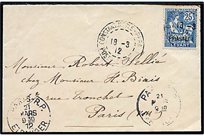 1 Piastre 1/25 c. Levant udg. single på lille brev fra Cinstantinople-Pera d. 18.3.1912 til Paris, Frankrig.