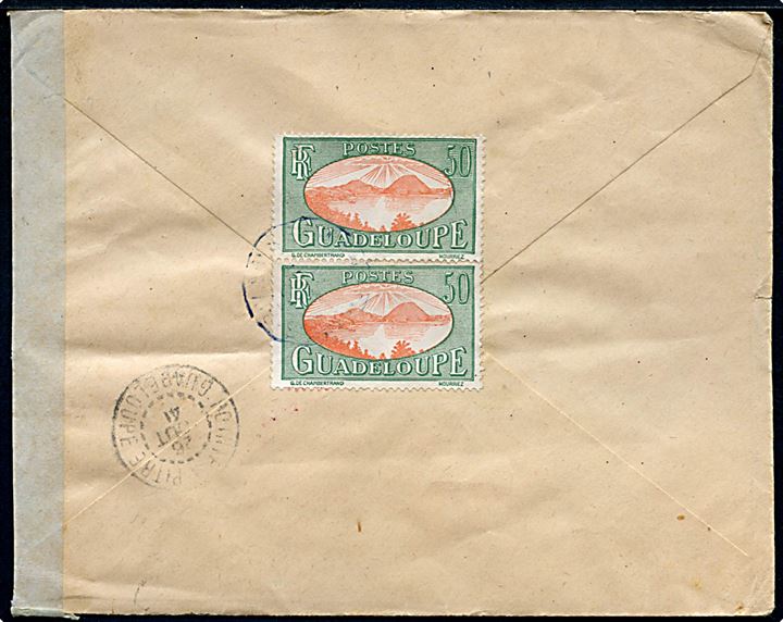 50 c. i parstykke på bagsiden af brev fra Trois-Rivières Guadeloupe d. 25.8.1941 via Pointe-à-Pitre til International Røde Kors i Geneve, Schweiz. Åbnet af lokal fransk censur på Guadeloupe.