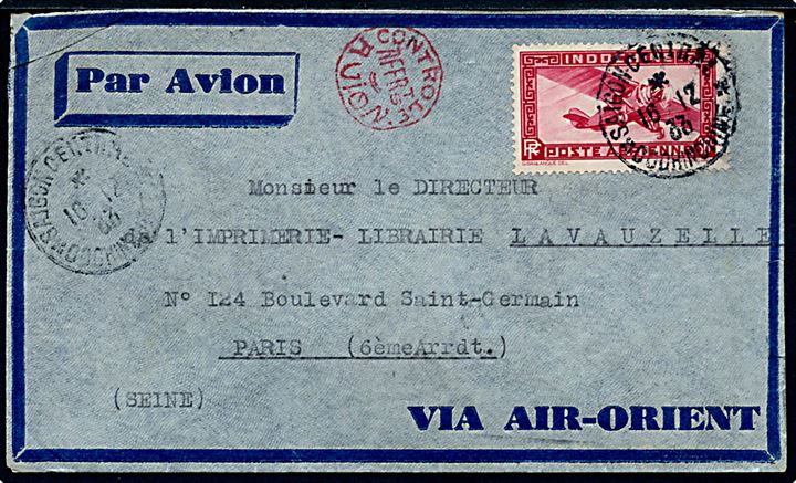 36 c. Luftpost single på lille luftpostbrev fra Saigon d. 16.12.1933 til Paris, Frankrig. Rødt luftpost porto-kontrolstempel. 