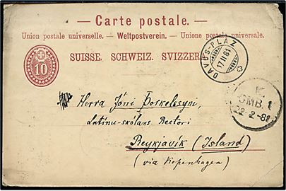 10 c. helsagsbrevkort (slidt) fra Davos-Plaz d. 17.2.1881 via Kjøbenhavn d. 22.2.1881 til Reykjavik, Island. På bagsiden svagt ank.stempel fra Reykjavik. Sjælden destination.