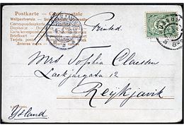 2½ c. Ciffer single på brevkort (Market Day) sendt som tryksag fra Bossum d. 22.4.1904 til Reykjavik, Island. Ank.stemplet i Reykjavik d. 4.5.1904.