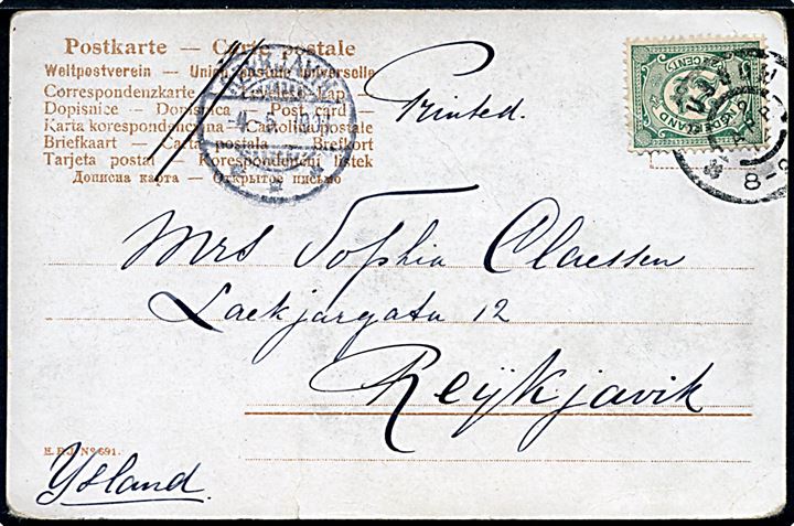2½ c. Ciffer single på brevkort (Market Day) sendt som tryksag fra Bossum d. 22.4.1904 til Reykjavik, Island. Ank.stemplet i Reykjavik d. 4.5.1904.