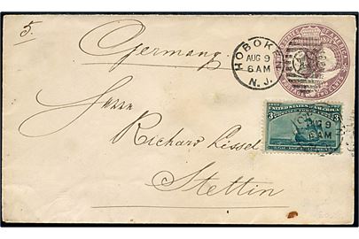 2 cents helsagskuvert opfrankeret med 3 cents Columbus landing fra Hoboken N.J. d. 9.8.1893 til Stettin, Tyskland.