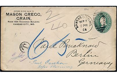2 cents Washington helsagskuvert sendt underfrankeret fra Kansas City d1894 til Berlin, Tyskland. Porto stempel fra New York og udtakseret i tysk porto.