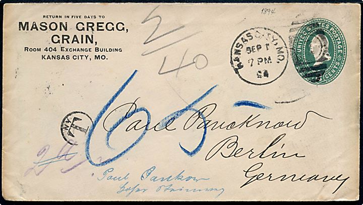 2 cents Washington helsagskuvert sendt underfrankeret fra Kansas City d1894 til Berlin, Tyskland. Porto stempel fra New York og udtakseret i tysk porto.