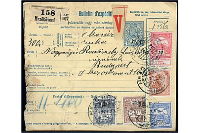 10 f. helsags adressekort opfrankeret med 1 f., 20 f., 25 f. Turul, 10+2 f. Velgørenhed og 1 kr. Franz Joseph for pakke fra Mezökövesd 1914 til Budapest.