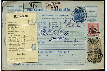 10 f. helsags adressekort opfrankeret med 6 f. Turul (par) og 1 kr. Franz Joseph for pakke fra Nagy-Kikinda d. 25.12.1905 til Basel, Schweiz.