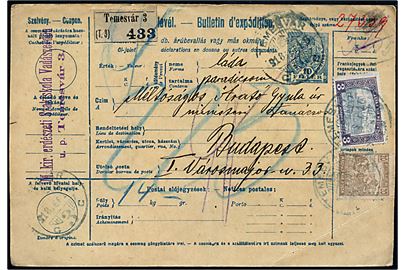 10 f. helsags adressekort opfrankeret med 20 f. Høstarbejdere og 3 kr. slot for pakke fra Temesvar d. 10.9.1918 til Budapest.