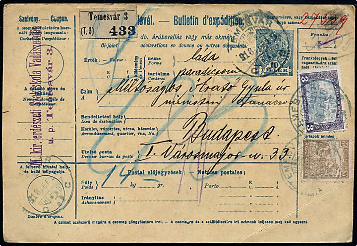 10 f. helsags adressekort opfrankeret med 20 f. Høstarbejdere og 3 kr. slot for pakke fra Temesvar d. 10.9.1918 til Budapest.