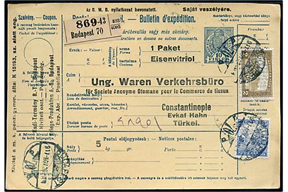 10 f. helsags adressekort opfrankeret med 25 f. Høstarbejder og 2 kr. Slot for pakke fra Budapest d. 26.11.1917 til Constantinopel, Tyrkiet.