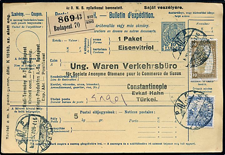 10 f. helsags adressekort opfrankeret med 25 f. Høstarbejder og 2 kr. Slot for pakke fra Budapest d. 26.11.1917 til Constantinopel, Tyrkiet.