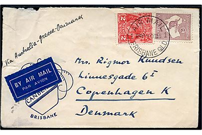 2 c. George og 2 sh. Kænguru på luftpostbrev påskrevet Via Australia-Greece-Denmark annulleret Air Mail Brisbane Qld. d. 1.10.1935 via Athen og bureau København-Warnemünde T.100 til København, Danmark.